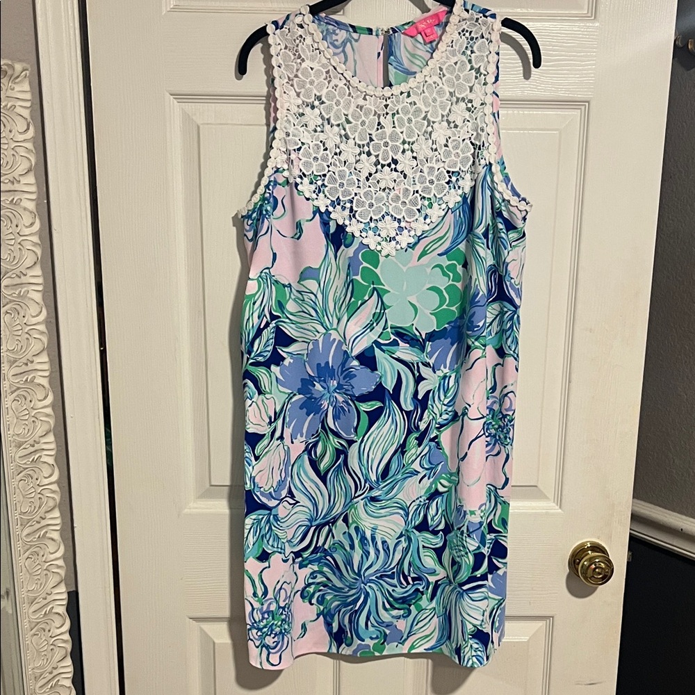 Lilly Pulitzer Blue and Green Floral Dress with White Lace